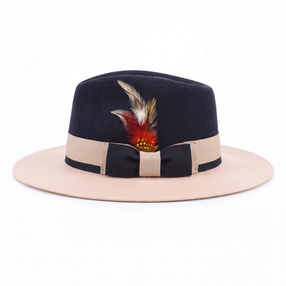 Mens Fedora Hat - Navy & Beige - Short Brim Dress Hat