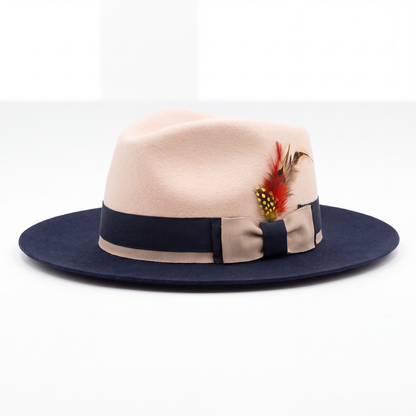 Mens Fedora Hat - Beige & Navy - Short Brim Dress Hat