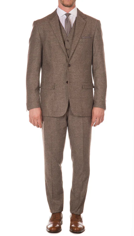 SPINA MEN'S BROWN SLIM FIT 3-PIECE SUIT | NOTCH LAPEL & HERRINGBONE WEAVE