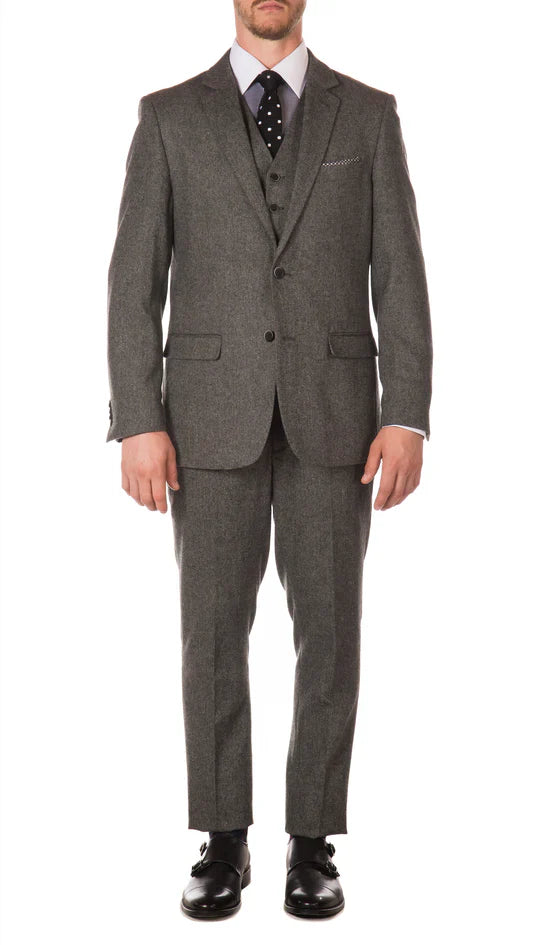 SPINA MEN'S GREY SLIM FIT 3-PIECE SUIT | NOTCH LAPEL & HERRINGBONE WEAVE