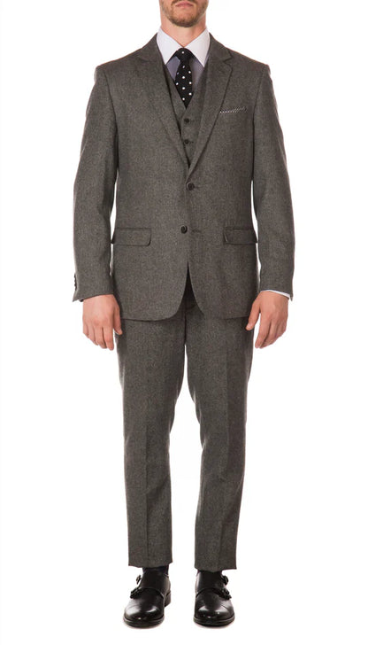 SPINA MEN'S GREY SLIM FIT 3-PIECE SUIT | NOTCH LAPEL & HERRINGBONE WEAVE