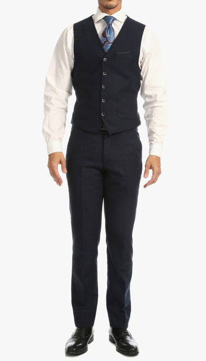 Bradford Navy Tweed With Slim Fit Suit With Five Button Vest - Ferrecci USA 