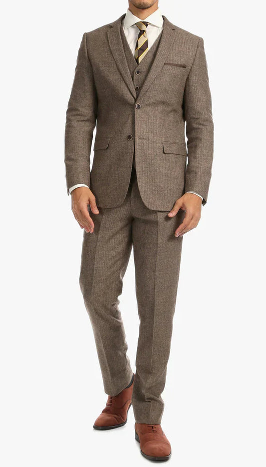 SPINA MEN'S BROWN SLIM FIT 3-PIECE SUIT | NOTCH LAPEL & HERRINGBONE WEAVE