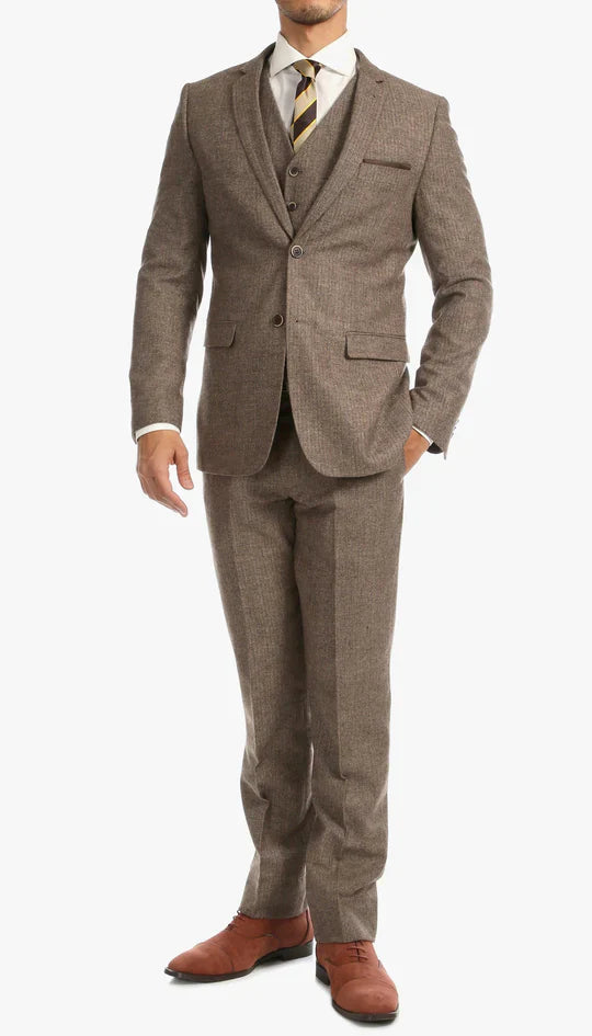 SPINA MEN'S BROWN SLIM FIT 3-PIECE SUIT | NOTCH LAPEL & HERRINGBONE WEAVE