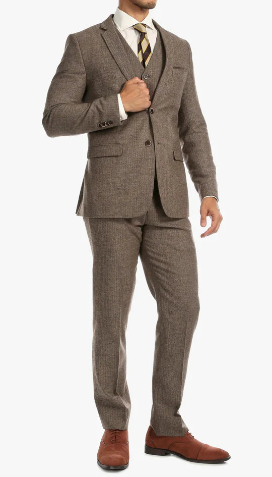 SPINA MEN'S BROWN SLIM FIT 3-PIECE SUIT | NOTCH LAPEL & HERRINGBONE WEAVE
