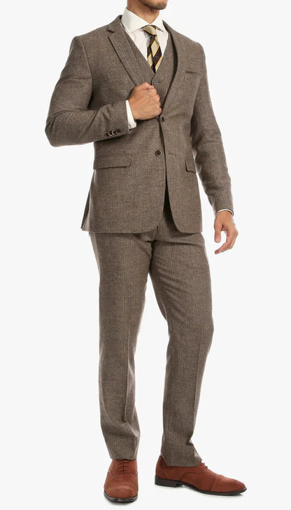 SPINA MEN'S BROWN SLIM FIT 3-PIECE SUIT | NOTCH LAPEL & HERRINGBONE WEAVE