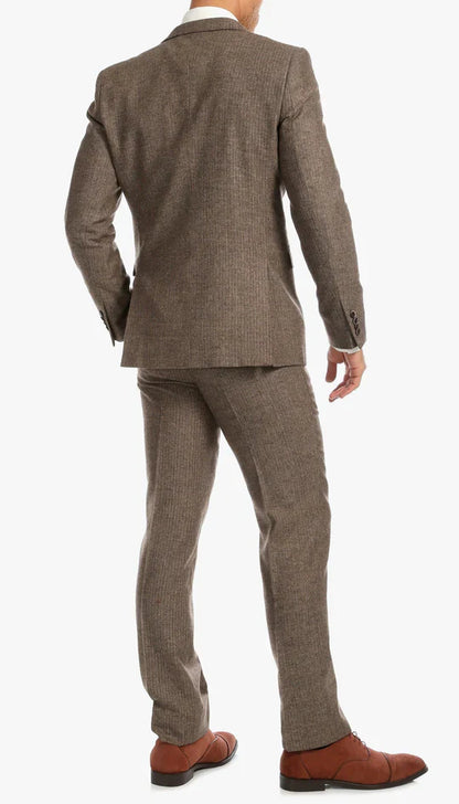 SPINA MEN'S BROWN SLIM FIT 3-PIECE SUIT | NOTCH LAPEL & HERRINGBONE WEAVE