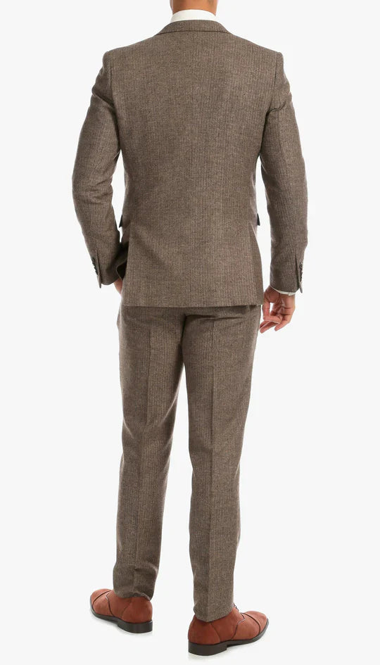 SPINA MEN'S BROWN SLIM FIT 3-PIECE SUIT | NOTCH LAPEL & HERRINGBONE WEAVE