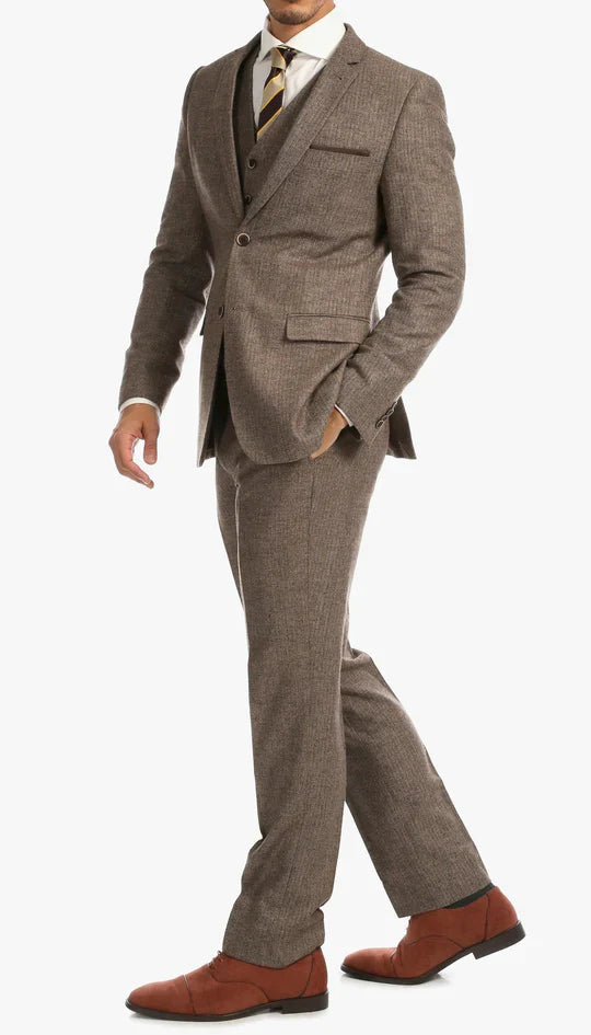 SPINA MEN'S BROWN SLIM FIT 3-PIECE SUIT | NOTCH LAPEL & HERRINGBONE WEAVE