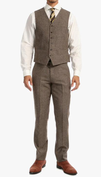 SPINA MEN'S BROWN SLIM FIT 3-PIECE SUIT | NOTCH LAPEL & HERRINGBONE WEAVE