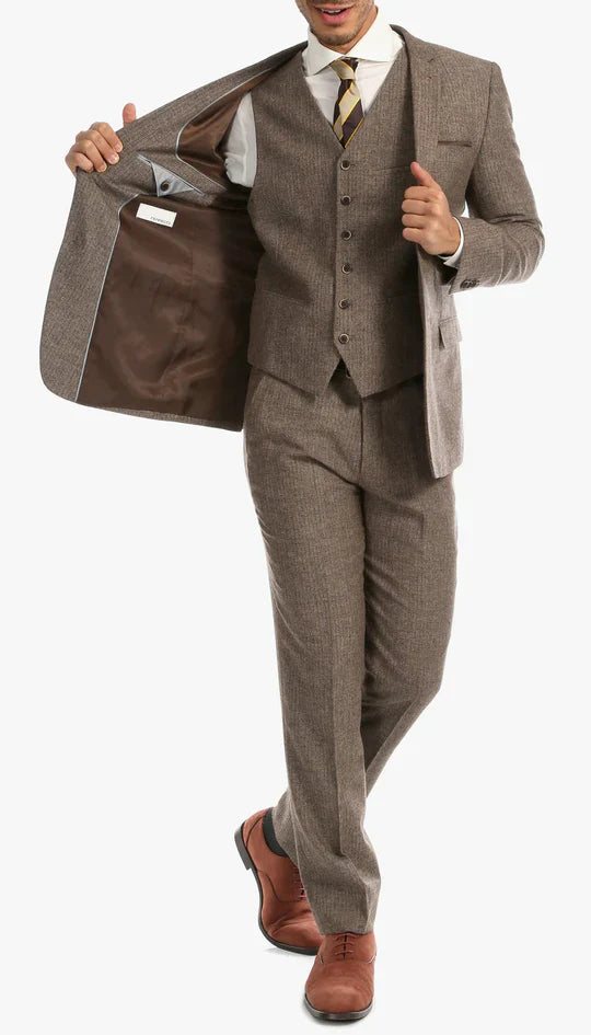 SPINA MEN'S BROWN SLIM FIT 3-PIECE SUIT | NOTCH LAPEL & HERRINGBONE WEAVE