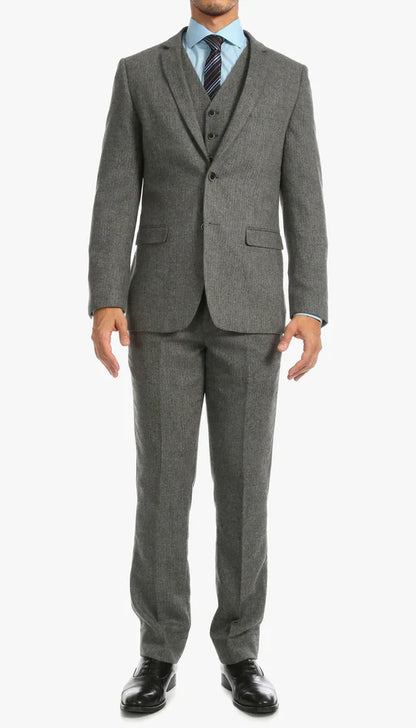 SPINA MEN'S GREY SLIM FIT 3-PIECE SUIT | NOTCH LAPEL & HERRINGBONE WEAVE