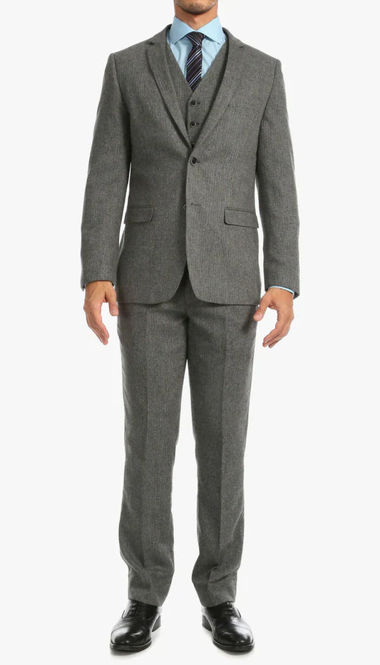 SPINA MEN'S GREY SLIM FIT 3-PIECE SUIT | NOTCH LAPEL & HERRINGBONE WEAVE