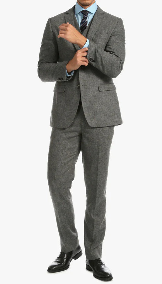 SPINA MEN'S GREY SLIM FIT 3-PIECE SUIT | NOTCH LAPEL & HERRINGBONE WEAVE