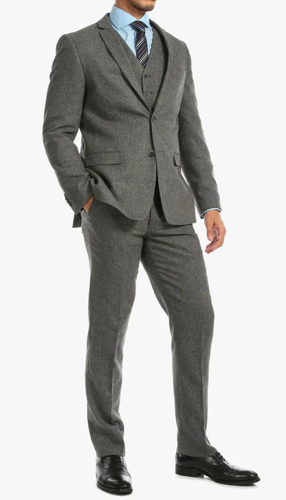 SPINA MEN'S GREY SLIM FIT 3-PIECE SUIT | NOTCH LAPEL & HERRINGBONE WEAVE