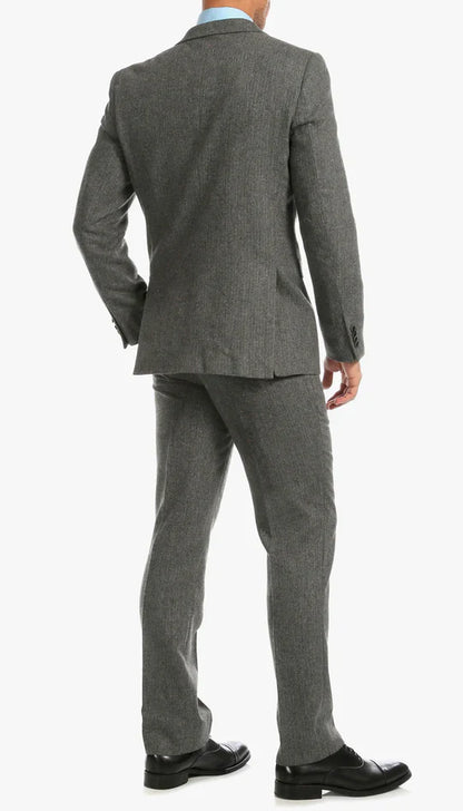 SPINA MEN'S GREY SLIM FIT 3-PIECE SUIT | NOTCH LAPEL & HERRINGBONE WEAVE