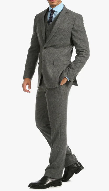 SPINA MEN'S GREY SLIM FIT 3-PIECE SUIT | NOTCH LAPEL & HERRINGBONE WEAVE