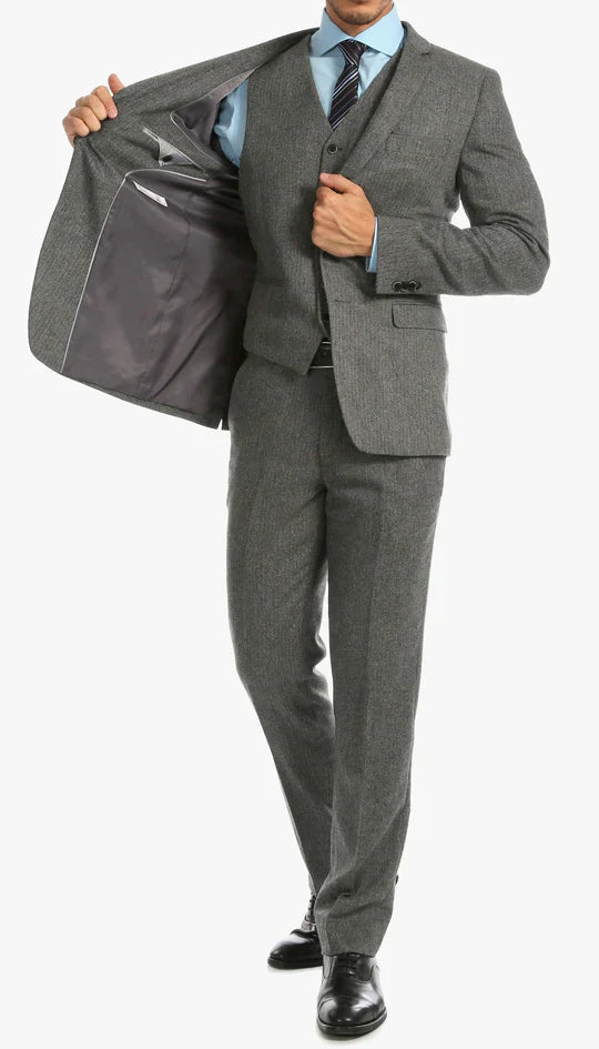 SPINA MEN'S GREY SLIM FIT 3-PIECE SUIT | NOTCH LAPEL & HERRINGBONE WEAVE