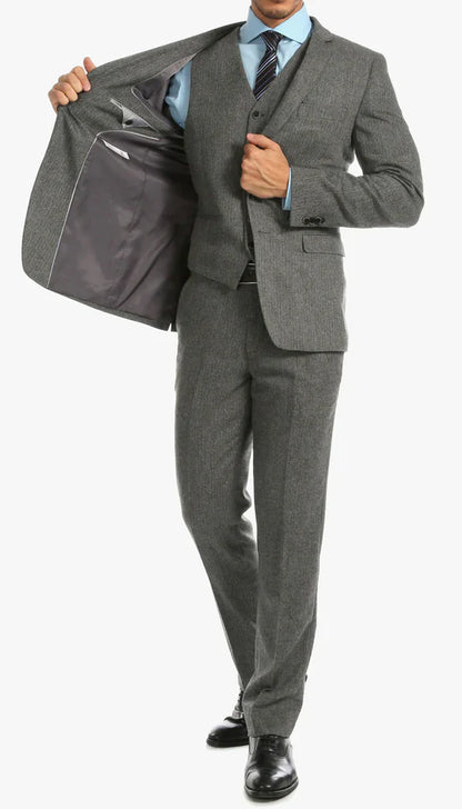 SPINA MEN'S GREY SLIM FIT 3-PIECE SUIT | NOTCH LAPEL & HERRINGBONE WEAVE