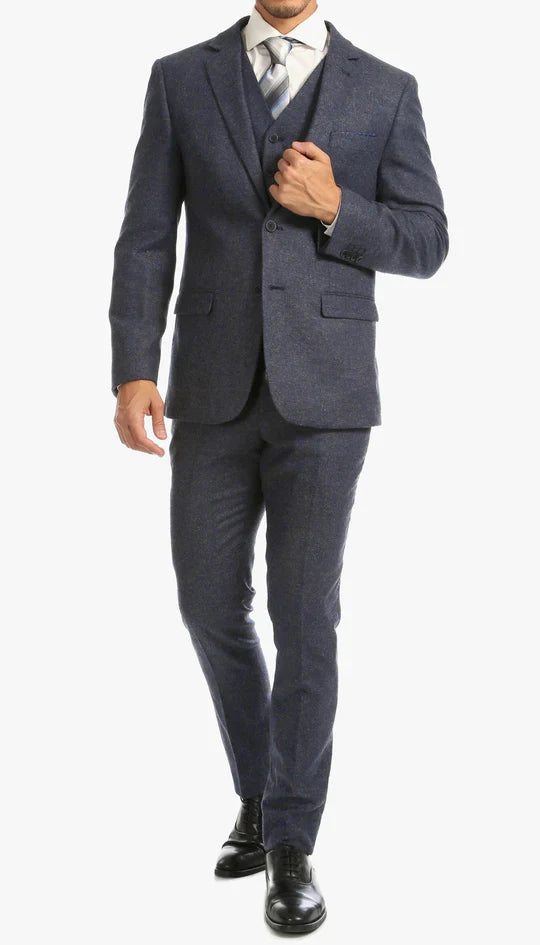 SPINA MEN'S NAVY SLIM FIT 3-PIECE SUIT | NOTCH LAPEL & HERRINGBONE WEAVE