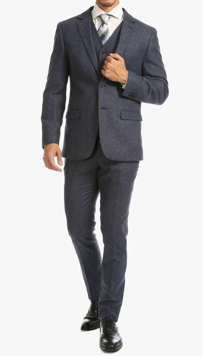 SPINA MEN'S NAVY SLIM FIT 3-PIECE SUIT | NOTCH LAPEL & HERRINGBONE WEAVE