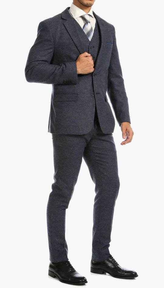 SPINA MEN'S NAVY SLIM FIT 3-PIECE SUIT | NOTCH LAPEL & HERRINGBONE WEAVE