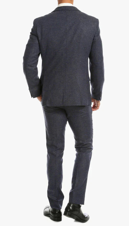 SPINA MEN'S NAVY SLIM FIT 3-PIECE SUIT | NOTCH LAPEL & HERRINGBONE WEAVE