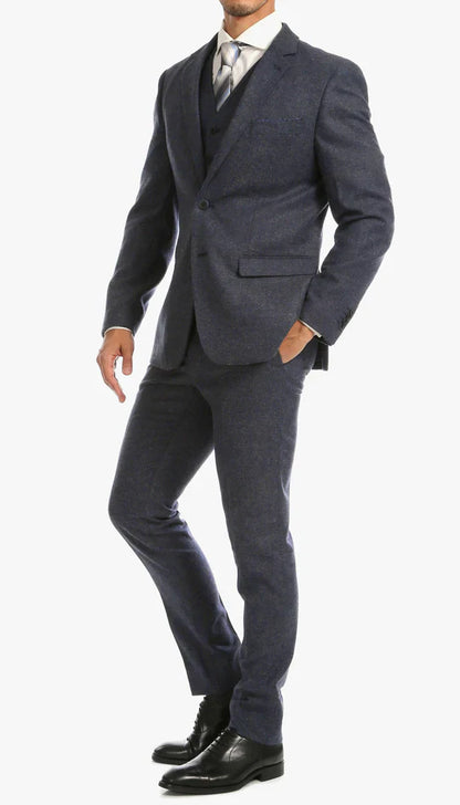 SPINA MEN'S NAVY SLIM FIT 3-PIECE SUIT | NOTCH LAPEL & HERRINGBONE WEAVE