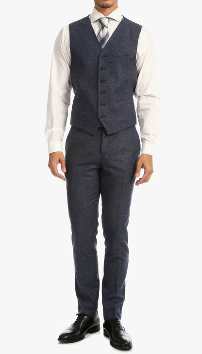 SPINA MEN'S NAVY SLIM FIT 3-PIECE SUIT | NOTCH LAPEL & HERRINGBONE WEAVE