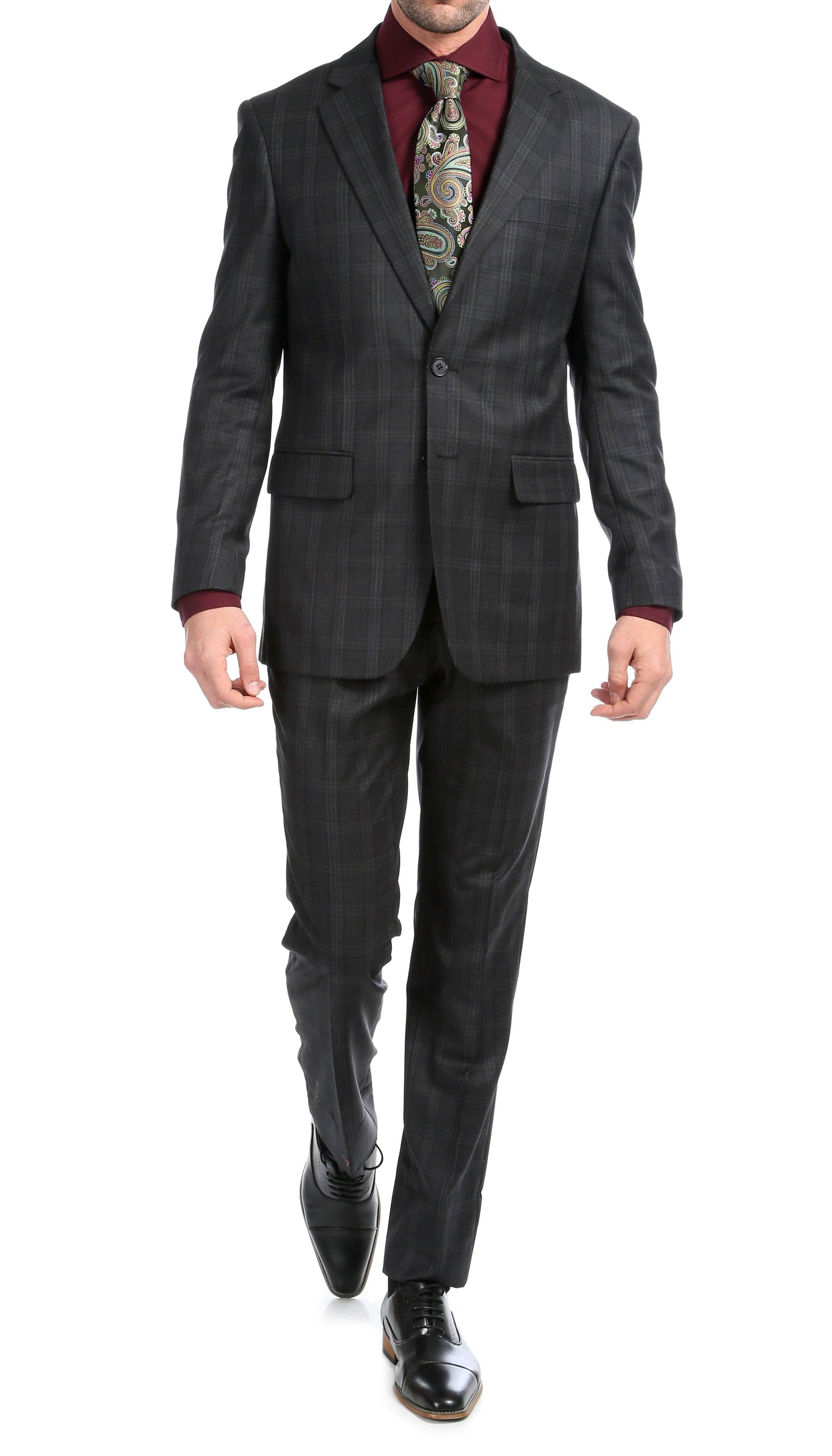 Lancaster Black Plaid Check Premium 2-Piece Wool Slim Fit Suit