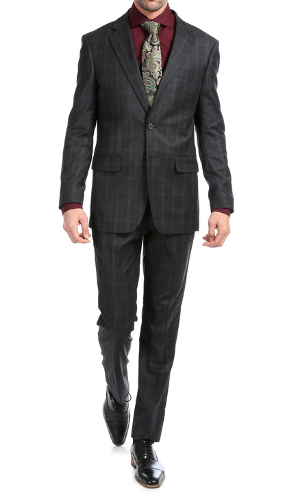 Lancaster Black Plaid Check Premium 2-Piece Wool Slim Fit Suit