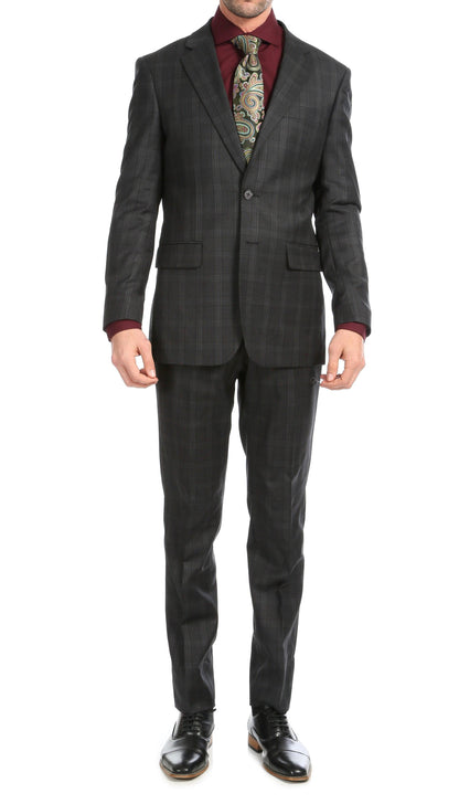 Lancaster Black Plaid Check Premium 2-Piece Wool Slim Fit Suit
