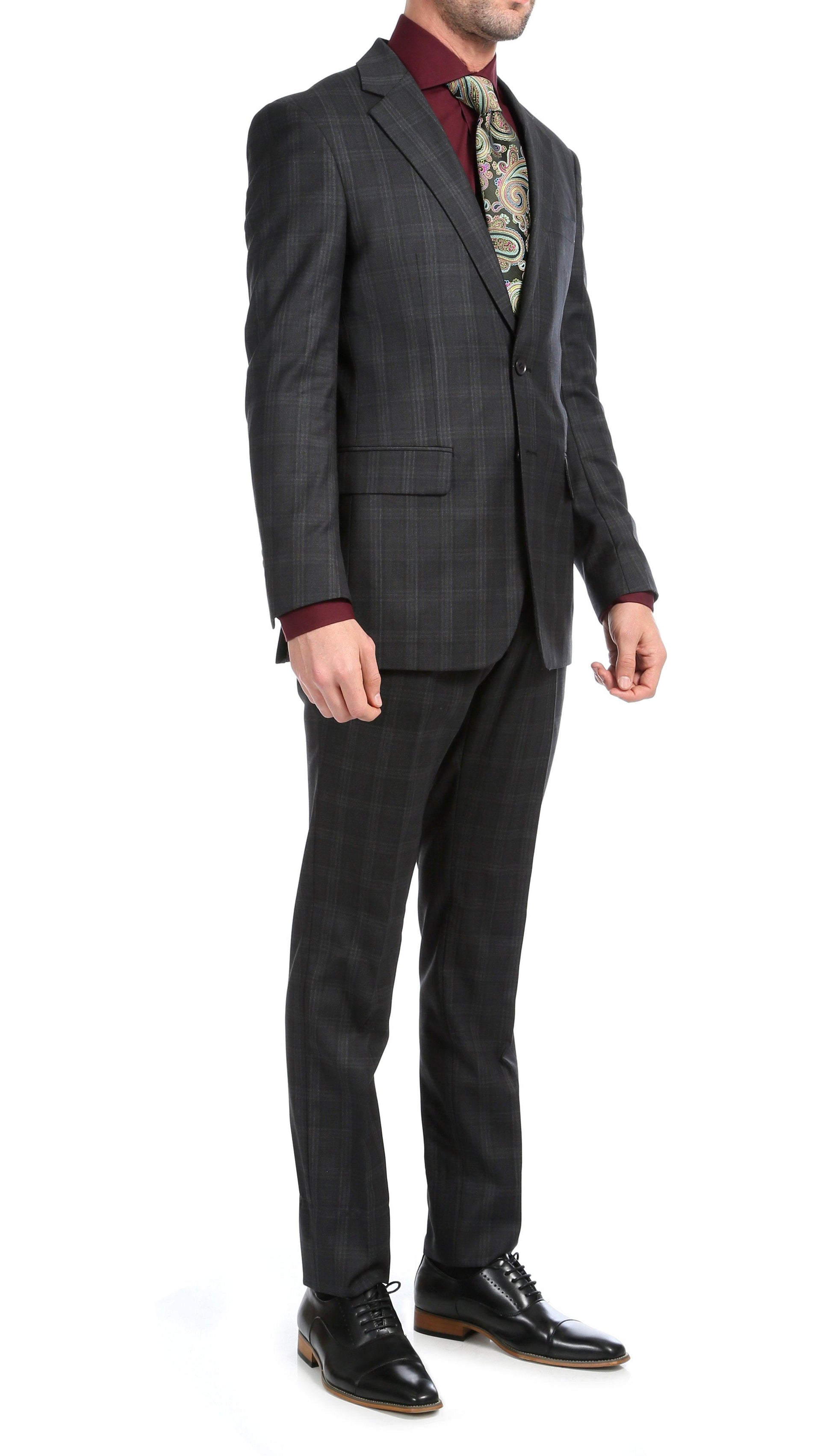 Lancaster Black Plaid Check Premium 2-Piece Wool Slim Fit Suit