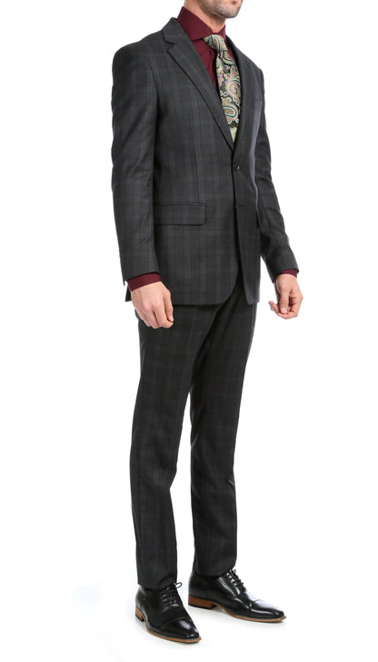 Lancaster Black Plaid Check Premium 2-Piece Wool Slim Fit Suit
