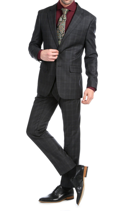 Lancaster Black Plaid Check Premium 2-Piece Wool Slim Fit Suit