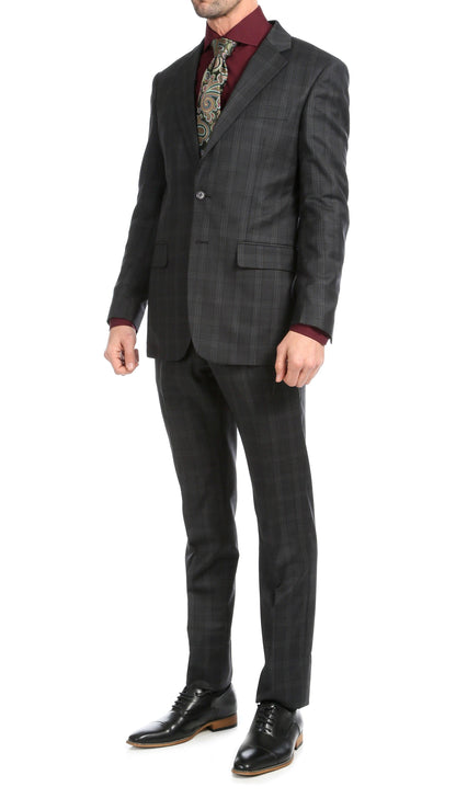 Lancaster Black Plaid Check Premium 2-Piece Wool Slim Fit Suit