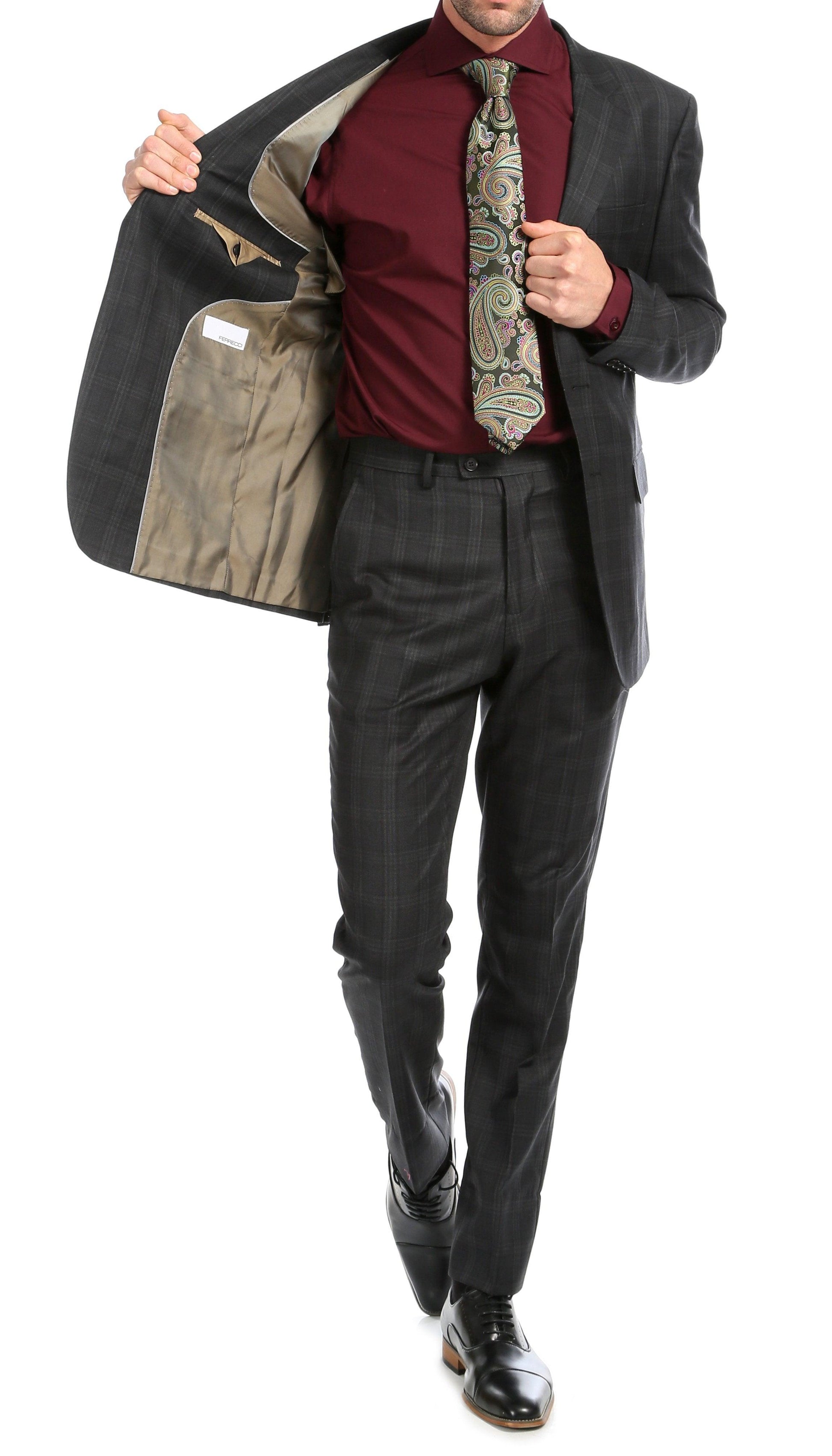 Lancaster Black Plaid Check Premium 2-Piece Wool Slim Fit Suit