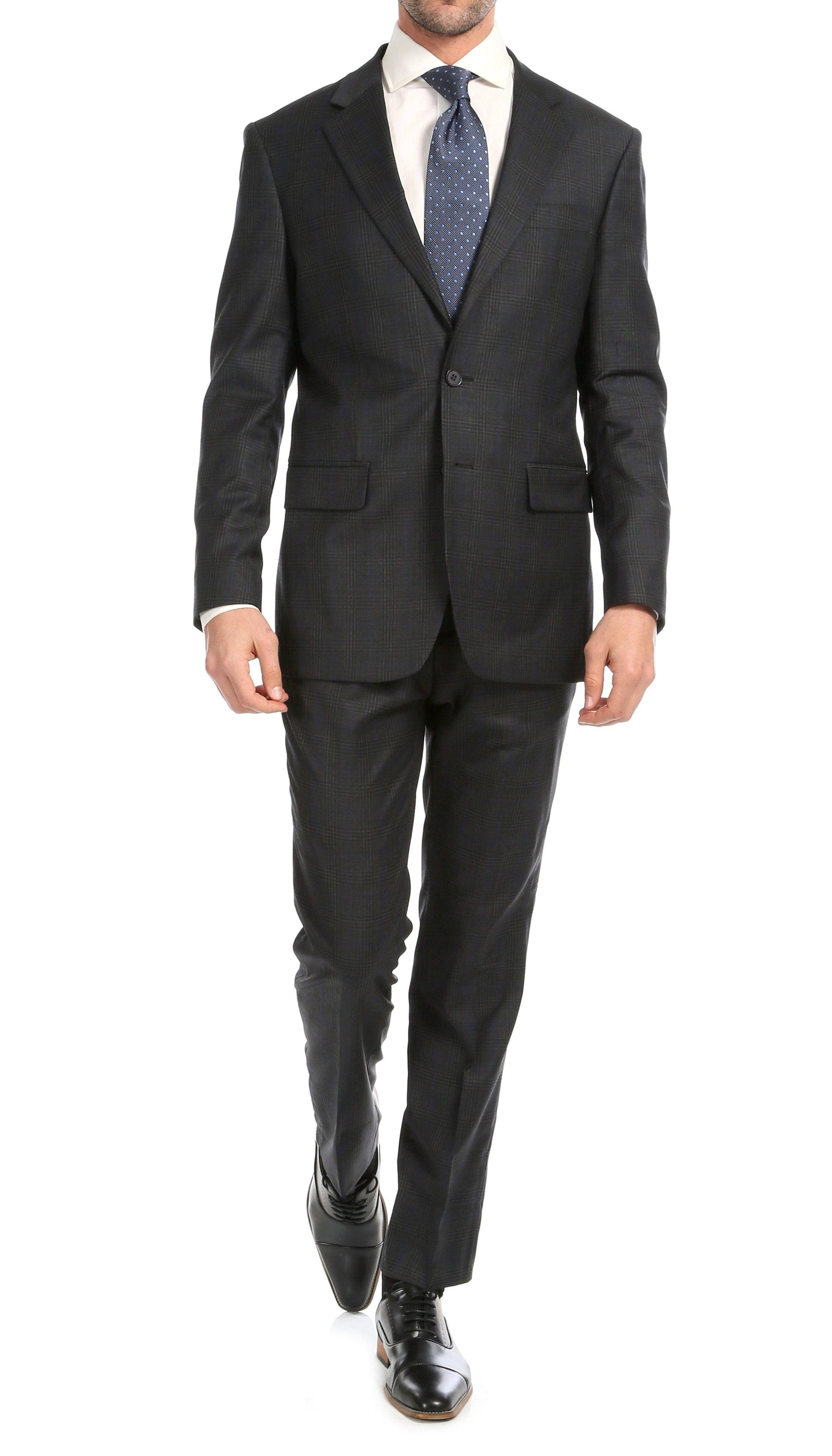 Lancaster Grey Plaid Check Premium 2-Piece Wool Slim Fit Suit