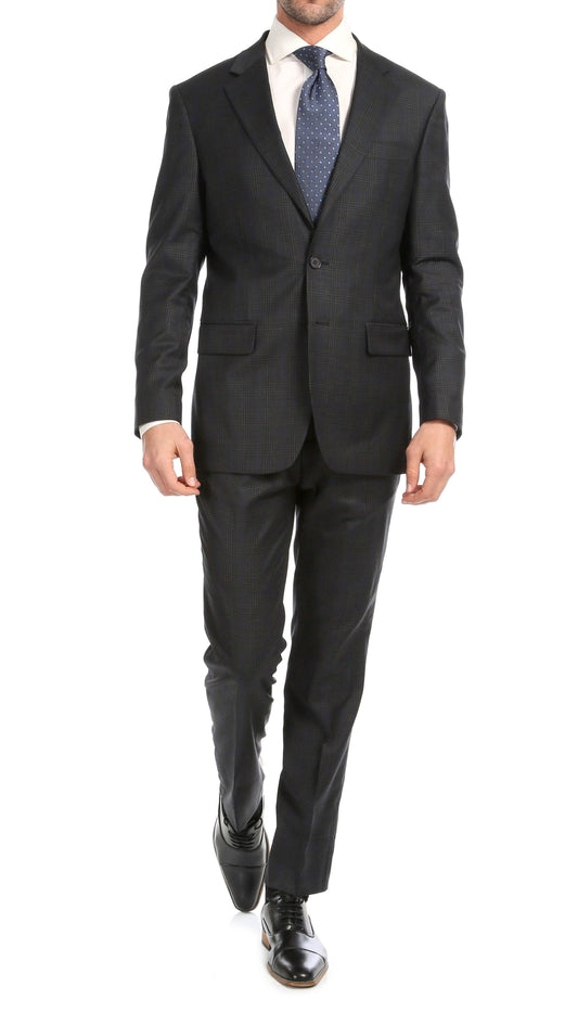 Lancaster Grey Plaid Check Premium 2-Piece Wool Slim Fit Suit