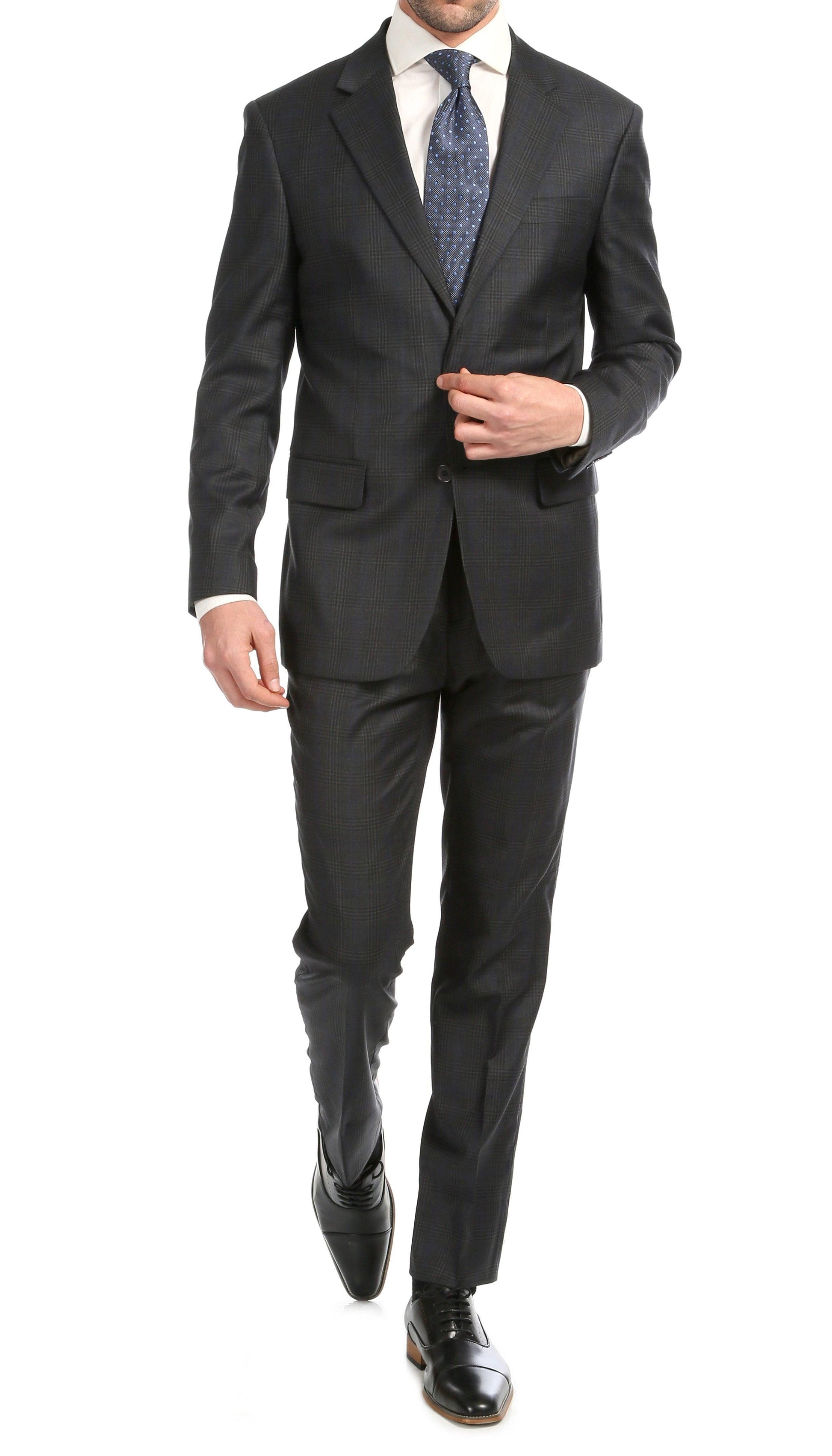 Lancaster Grey Plaid Check Premium 2-Piece Wool Slim Fit Suit
