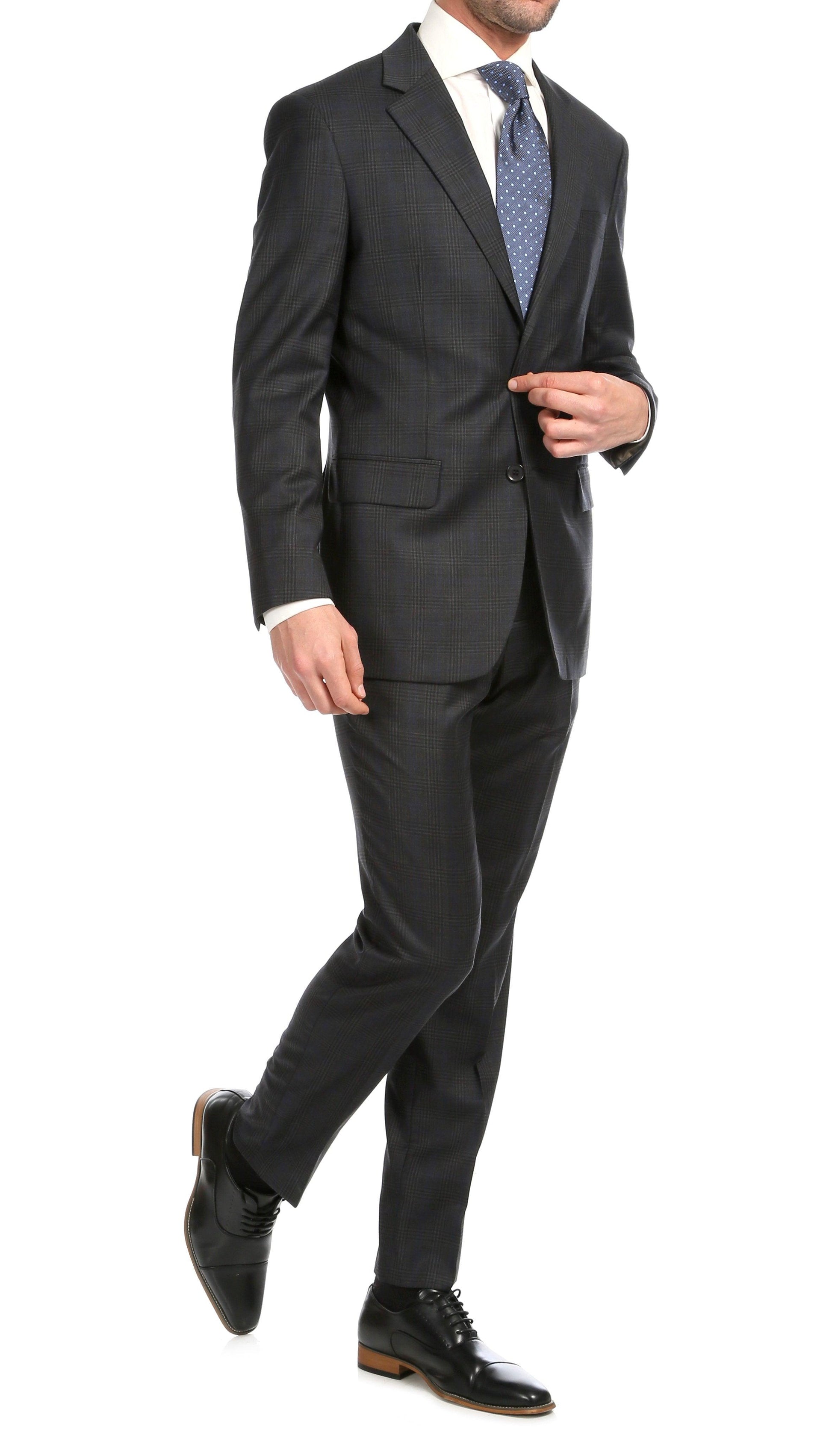 Lancaster Grey Plaid Check Premium 2-Piece Wool Slim Fit Suit