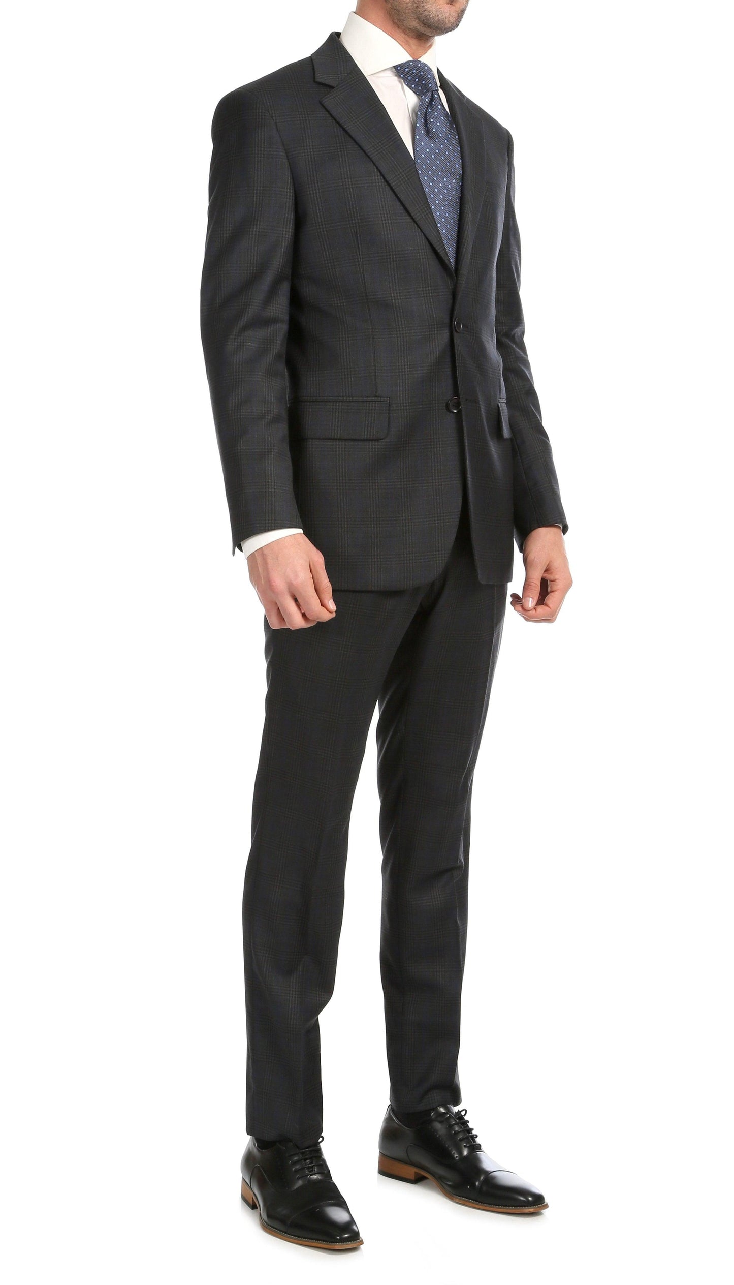 Lancaster Grey Plaid Check Premium 2-Piece Wool Slim Fit Suit