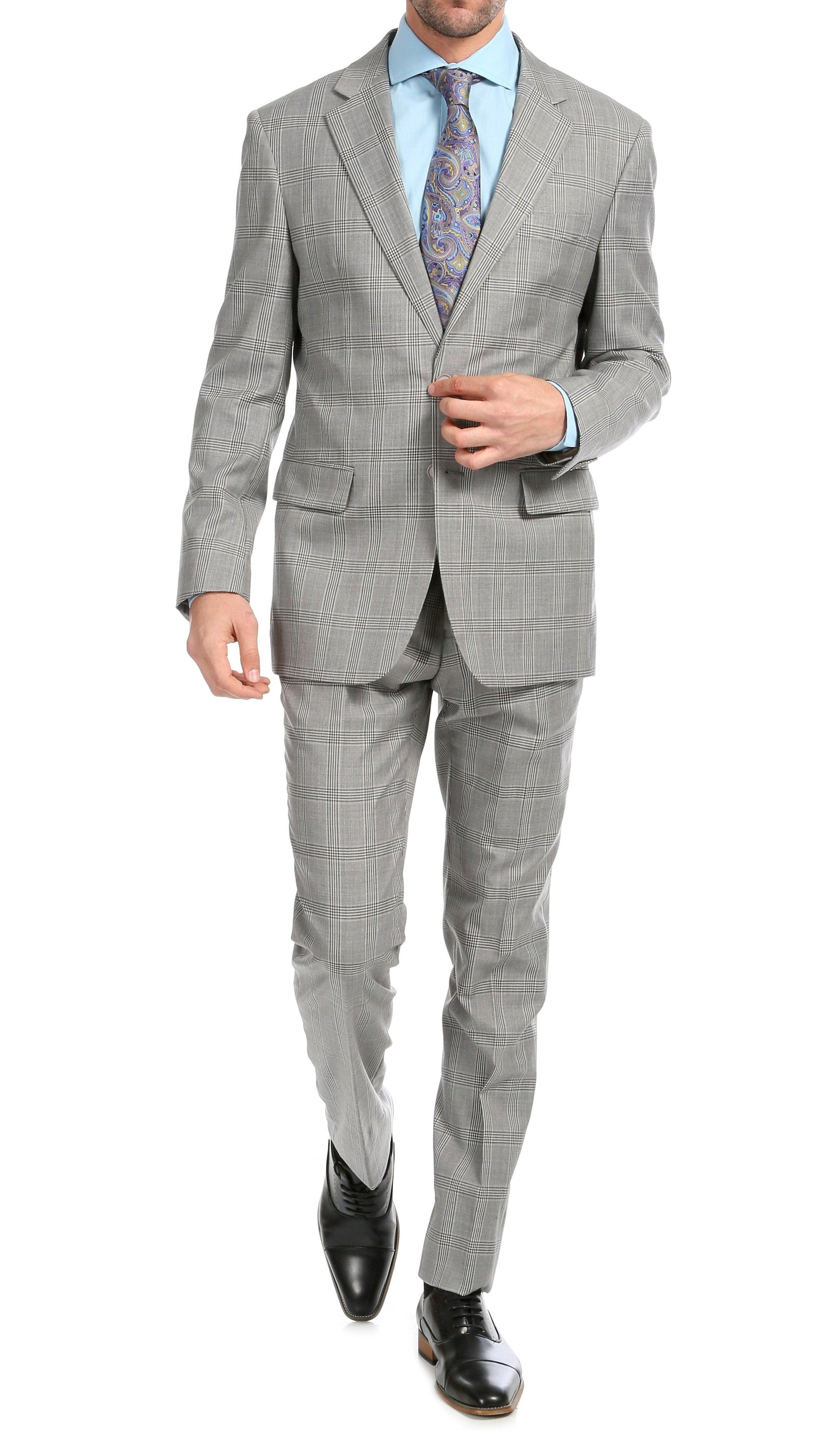 Lancaster Light Grey Plaid Check Premium 2-Piece Wool Slim Fit Suit