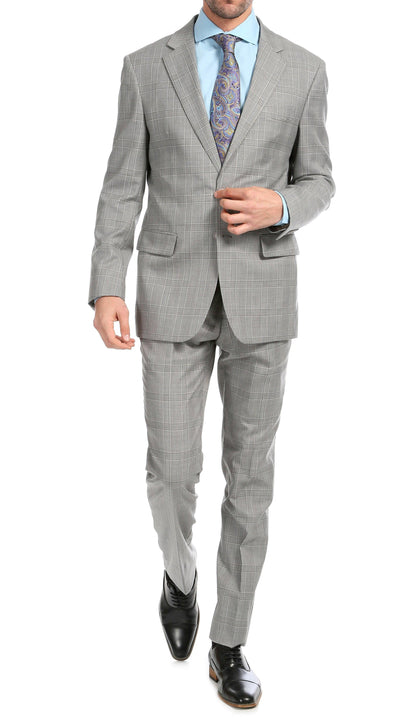 Lancaster Light Grey Plaid Check Premium 2-Piece Wool Slim Fit Suit