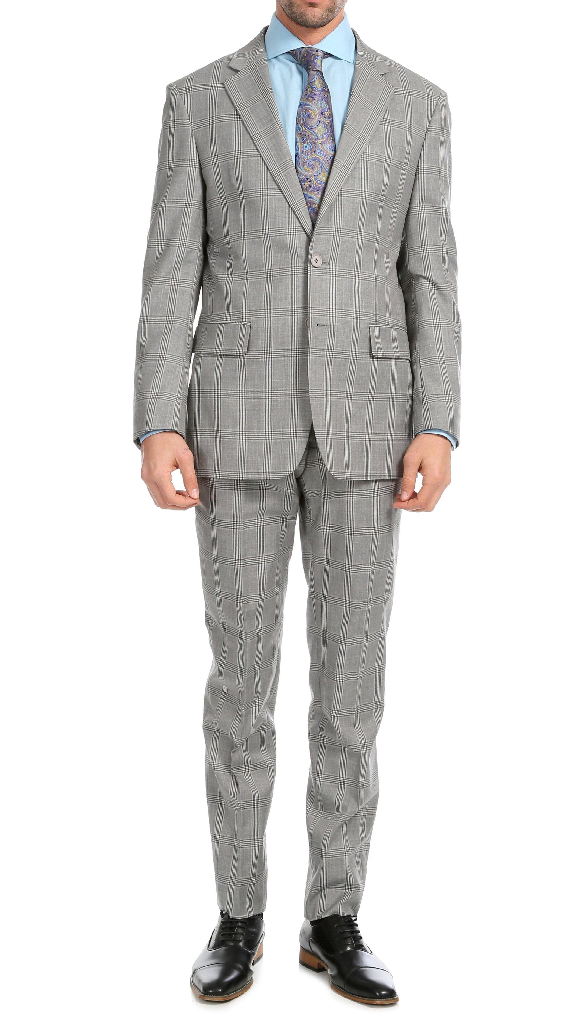 Lancaster Light Grey Plaid Check Premium 2-Piece Wool Slim Fit Suit