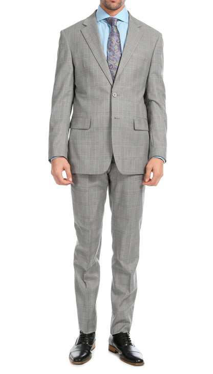 Lancaster Light Grey Plaid Check Premium 2-Piece Wool Slim Fit Suit