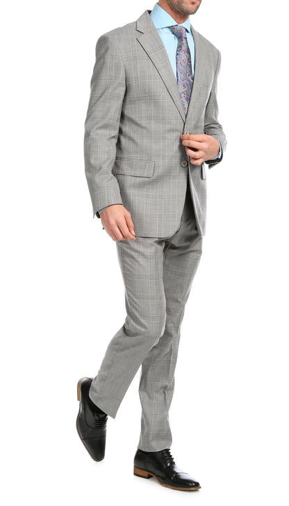 Lancaster Light Grey Plaid Check Premium 2-Piece Wool Slim Fit Suit