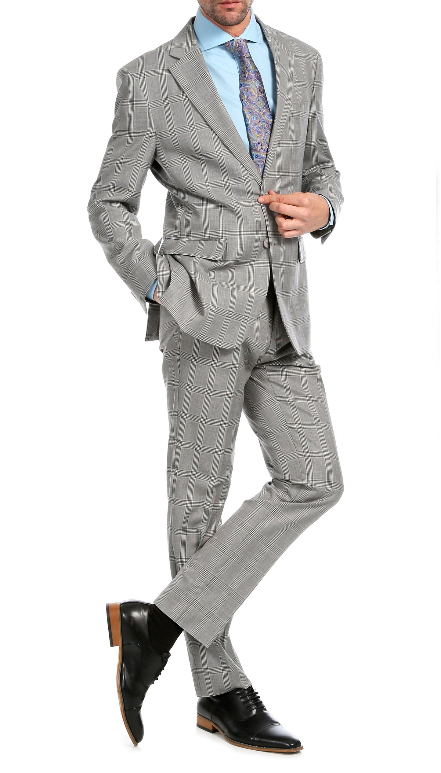 Lancaster Light Grey Plaid Check Premium 2-Piece Wool Slim Fit Suit