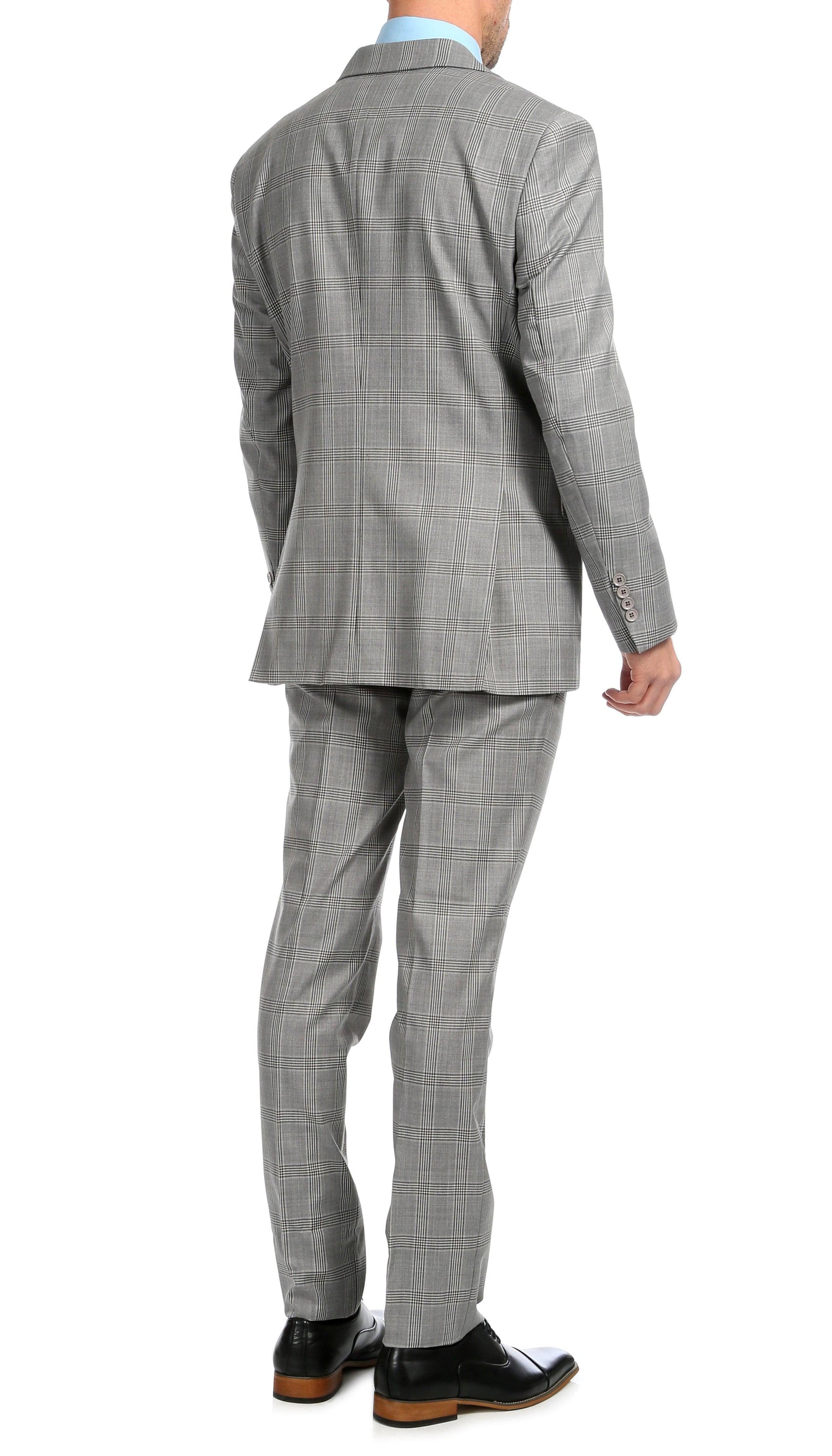 Lancaster Light Grey Plaid Check Premium 2-Piece Wool Slim Fit Suit