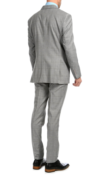 Lancaster Light Grey Plaid Check Premium 2-Piece Wool Slim Fit Suit
